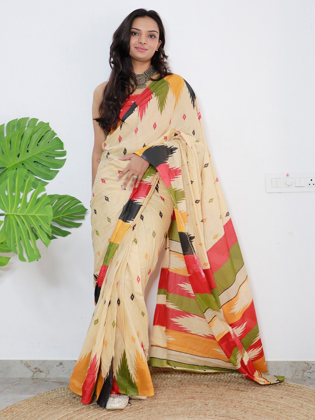 

Saree mall Pure Cotton Bagh Ready to Wear Saree, Cream