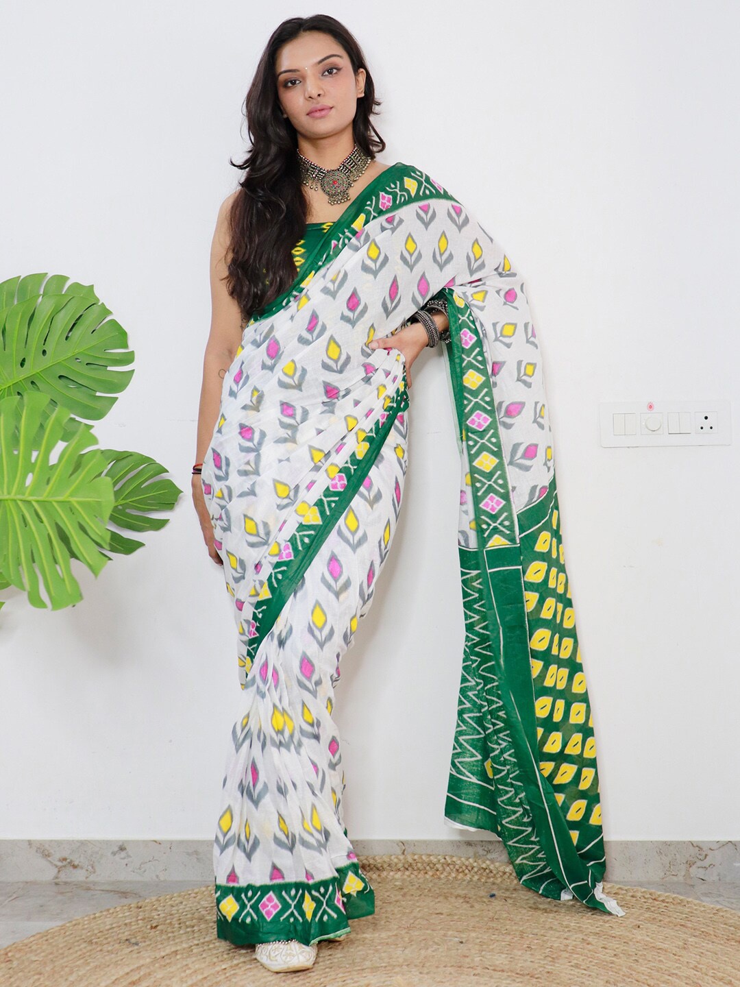 

Saree mall Ethnic Motifs Poly Cotton Ikat Ready to Wear Saree, White