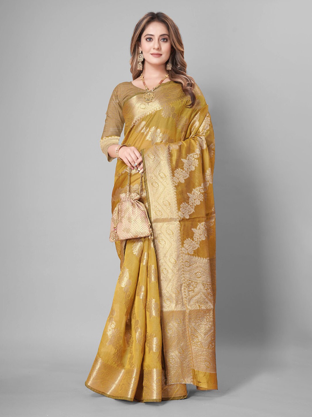 

REALLTREND Woven Design Zari Organza Silk Kanjeevaram Saree, Yellow