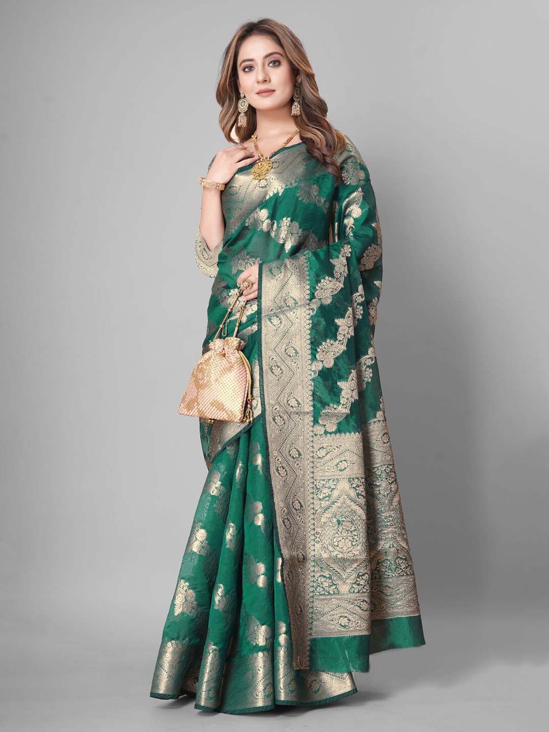 

REALLTREND Woven Design Zari Organza Silk Kanjeevaram Saree, Green