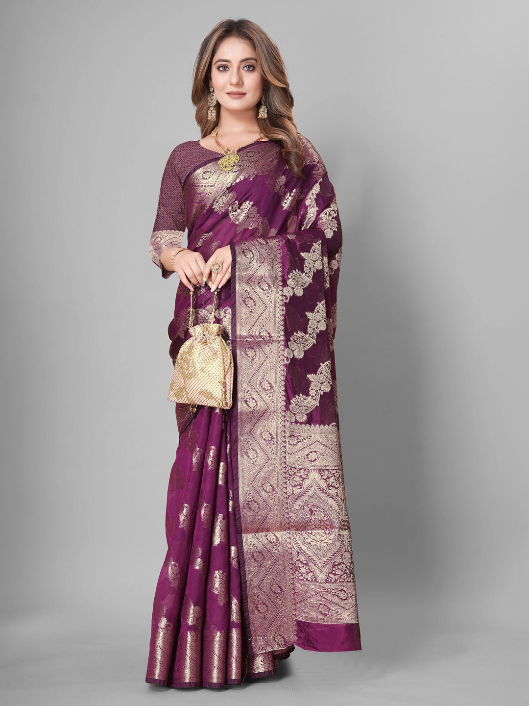 

REALLTREND Woven Design Zari Organza Silk Kanjeevaram Saree, Purple