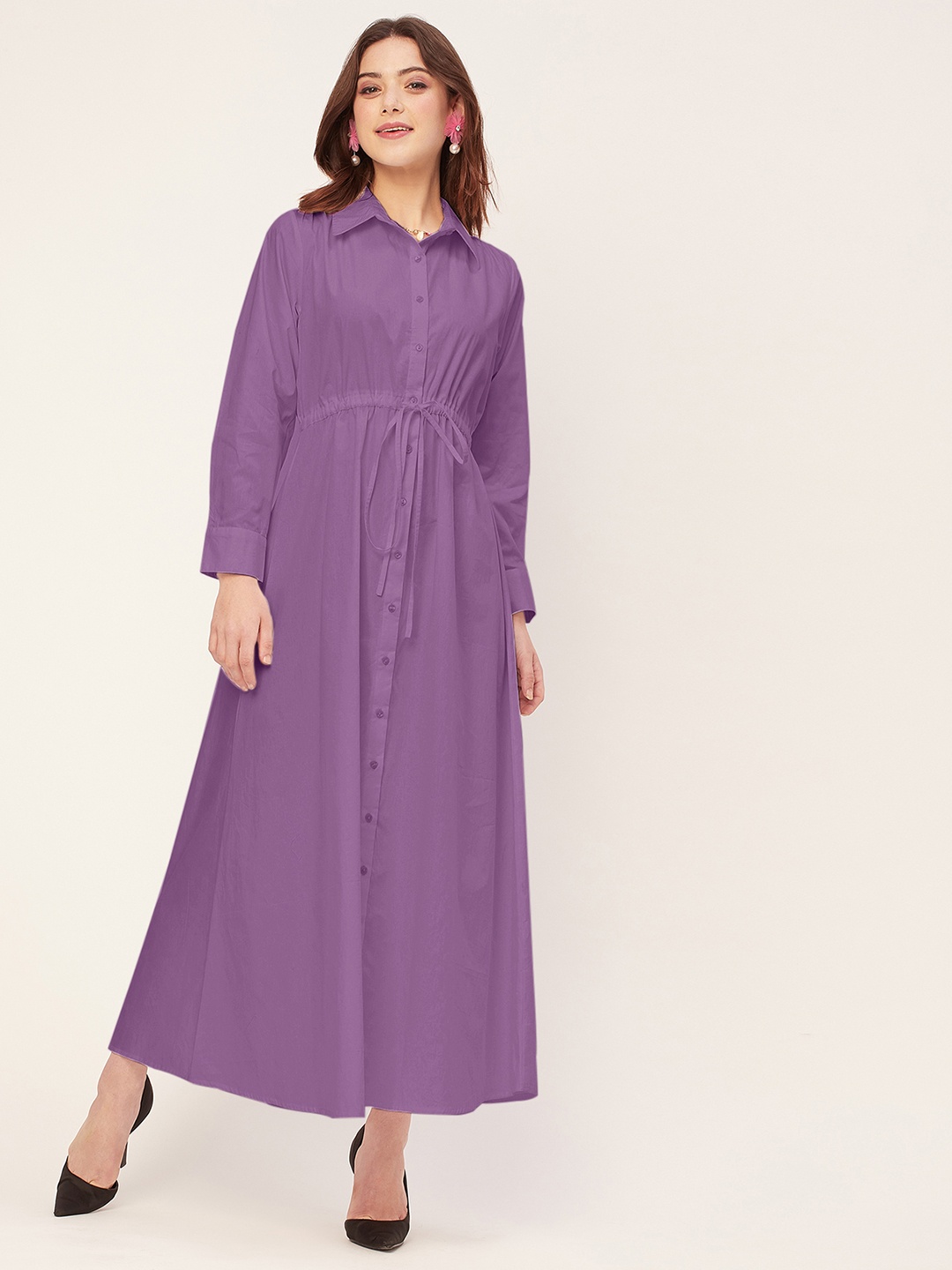 

Moomaya Long Sleeves Shirt Collar A-Line Maxi Dress, Lavender