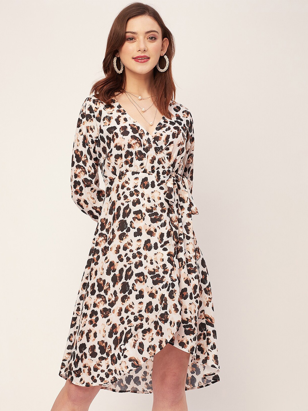 

Moomaya V Neck Animal Print Satin Wrap Dress, Off white
