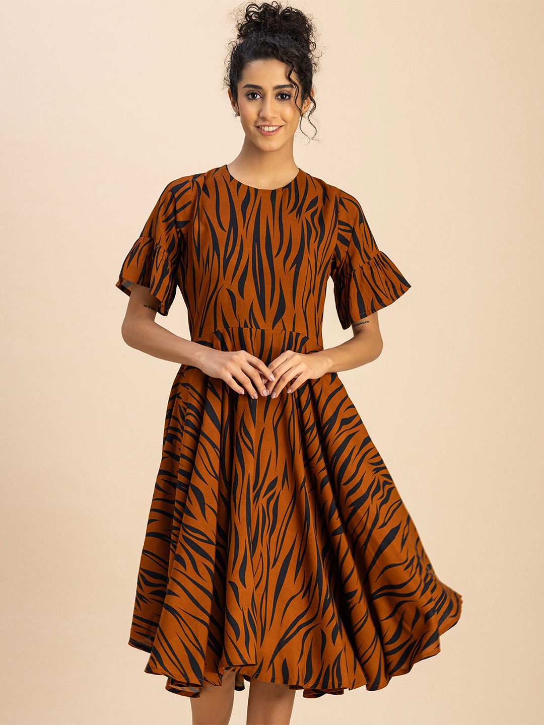 

Moomaya Animal Print Flared Sleeve Fit & Flare Dress, Rust