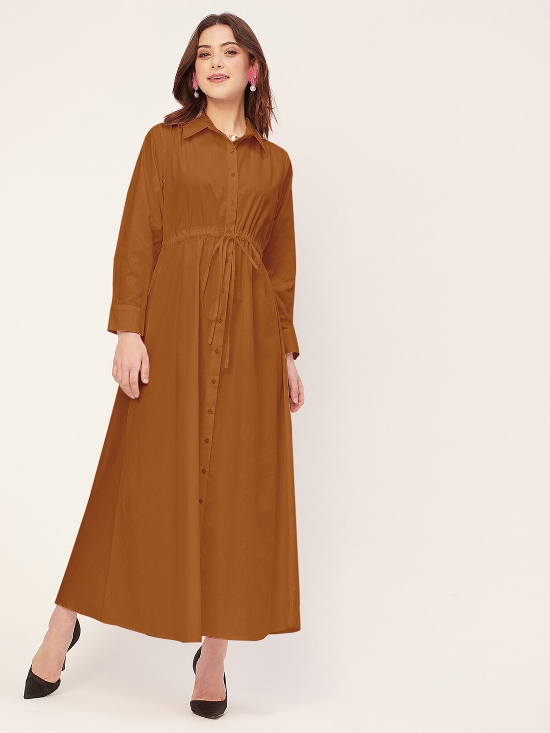 

Moomaya Long Sleeves Shirt Collar A-Line Cotton Maxi Dress, Orange