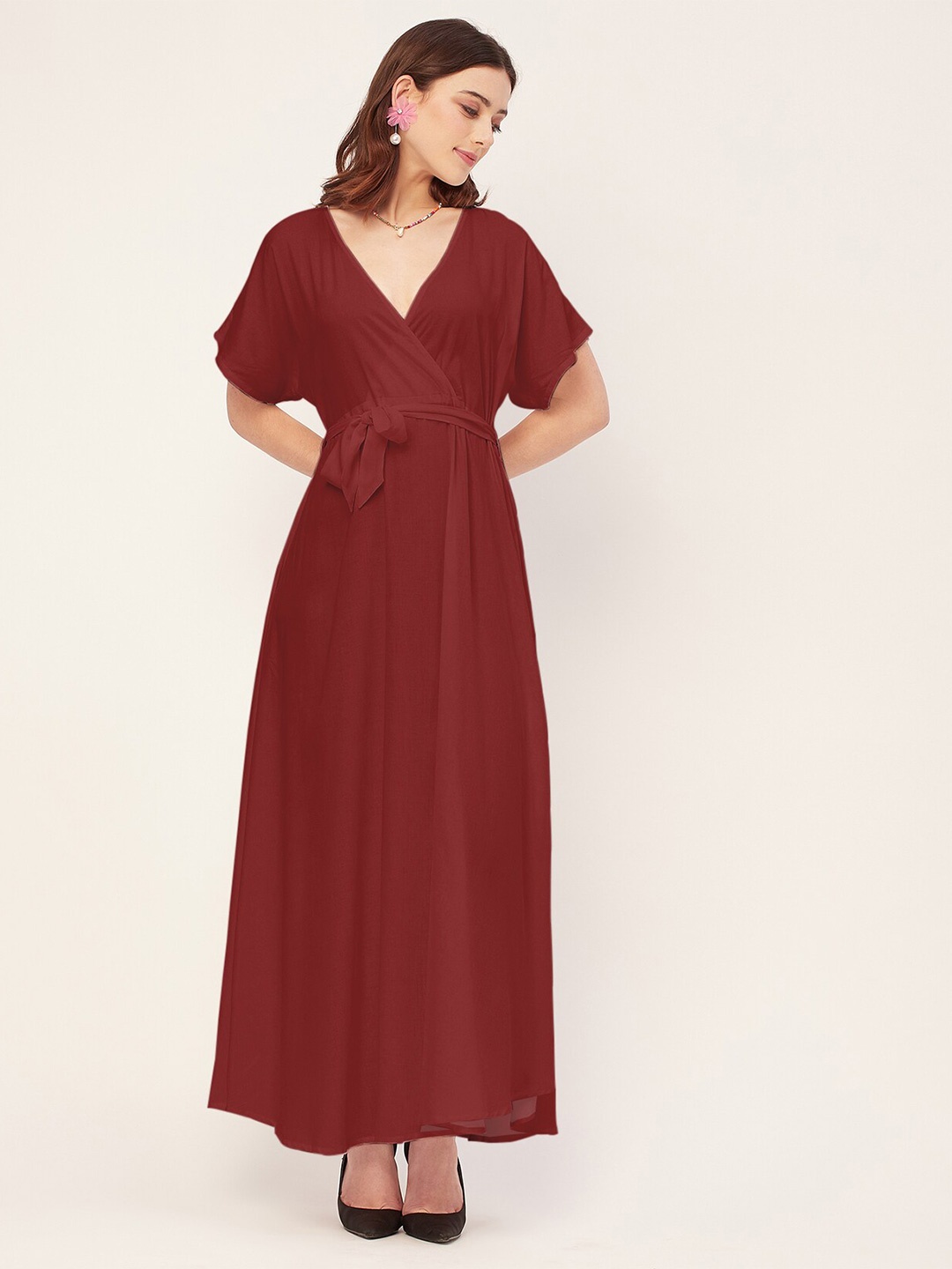 

Moomaya V Neck Fit & Flare Maxi Wrap Dress, Maroon