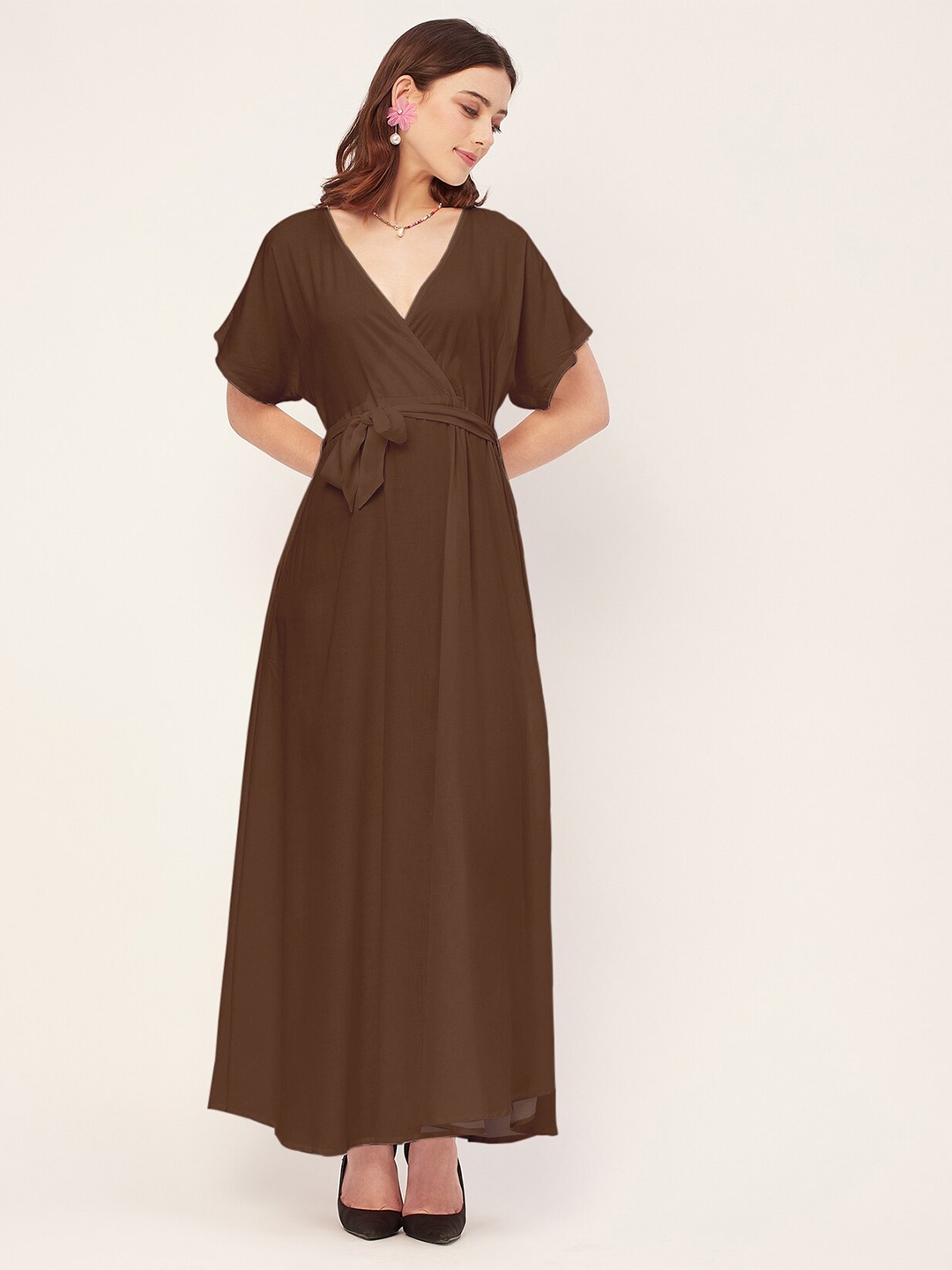 

Moomaya V Neck Fit & Flare Maxi Wrap Dress, Brown