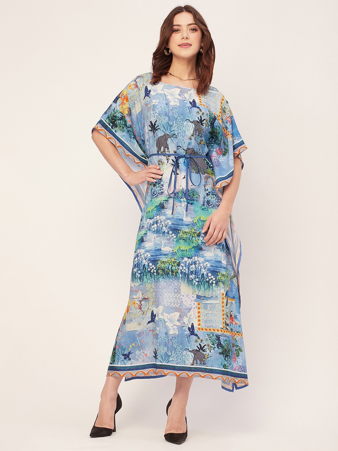 

Moomaya Abstract Printed Round Neck Kimono Sleeves Kaftan Maxi Dress, Blue