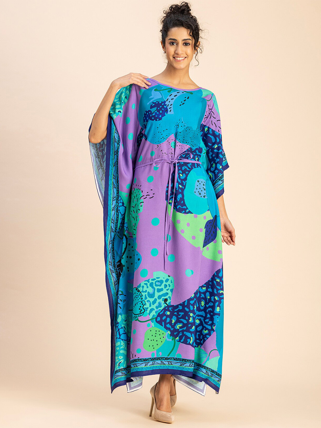 

Moomaya Abstract Printed Round Neck Kimono Sleeves Kaftan Maxi Dress, Blue