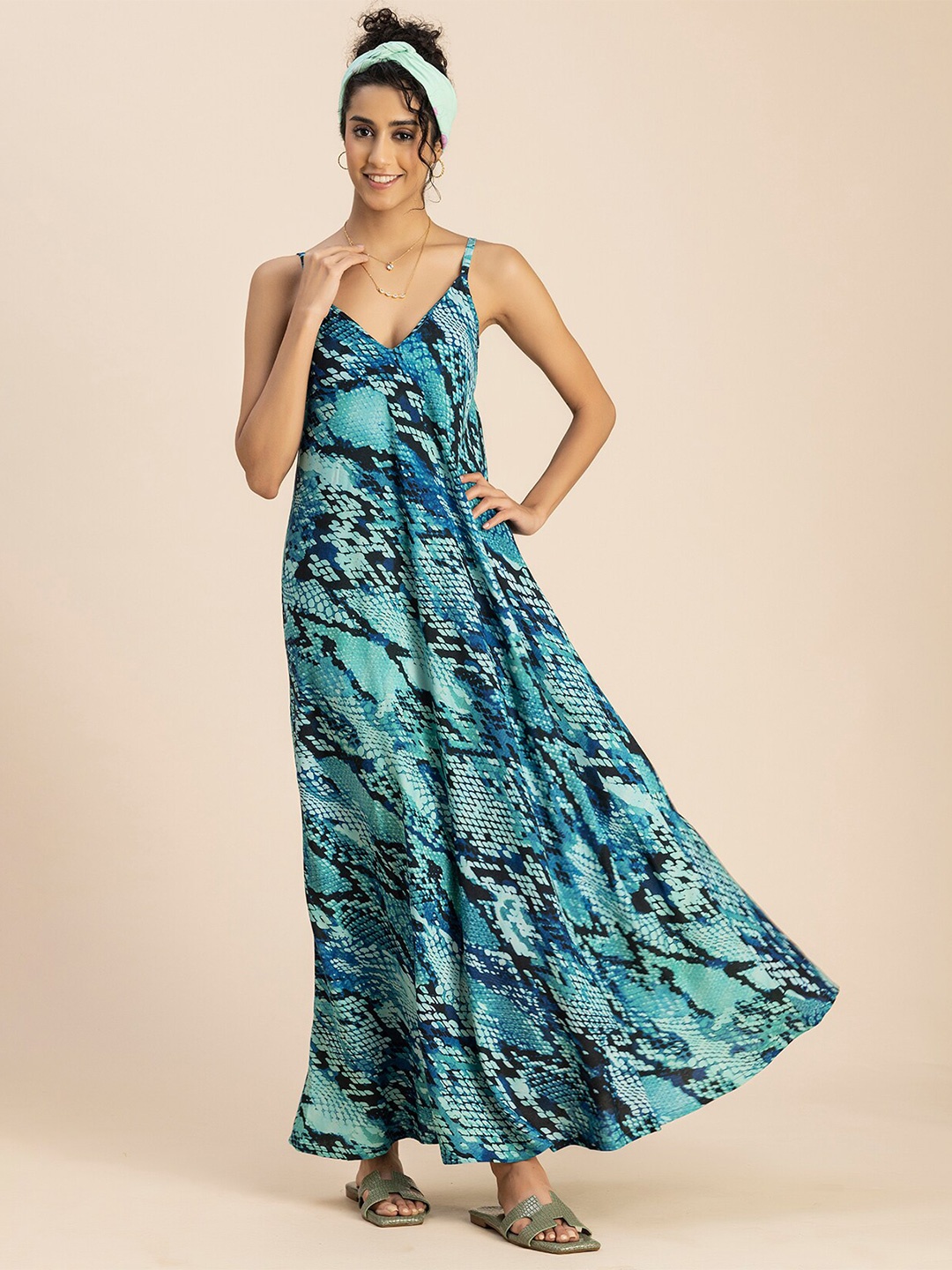 

Moomaya Animal Printed V Neck Sleeveless A-Line Maxi Dress, Teal