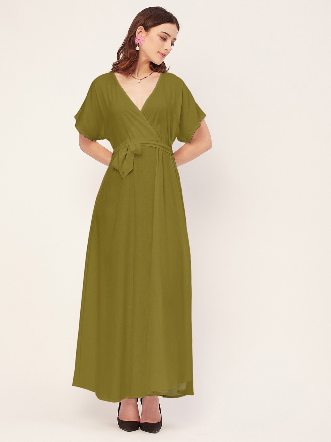 

Moomaya V-Neck Short Sleeves Wrap Maxi Dress, Olive