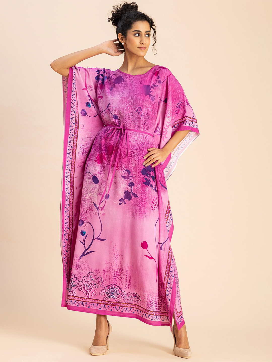 

Moomaya Abstract Printed Round Neck Kimono Sleeves Kaftan Maxi Dress, Pink