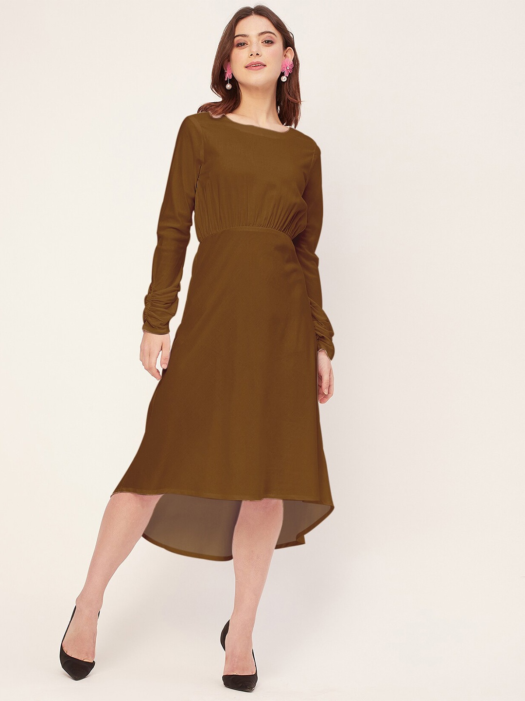 

Moomaya Boat Neck Long Sleeves Viscose Rayon A-Line Midi Dress, Brown