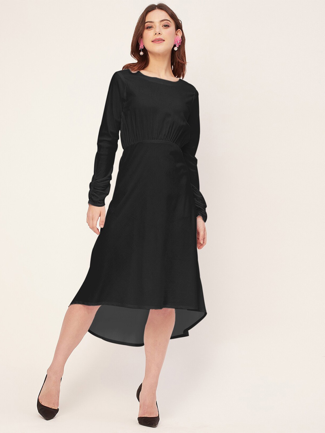 

Moomaya Boat Neck Long Sleeves Viscose Rayon A-Line Midi Dress, Black