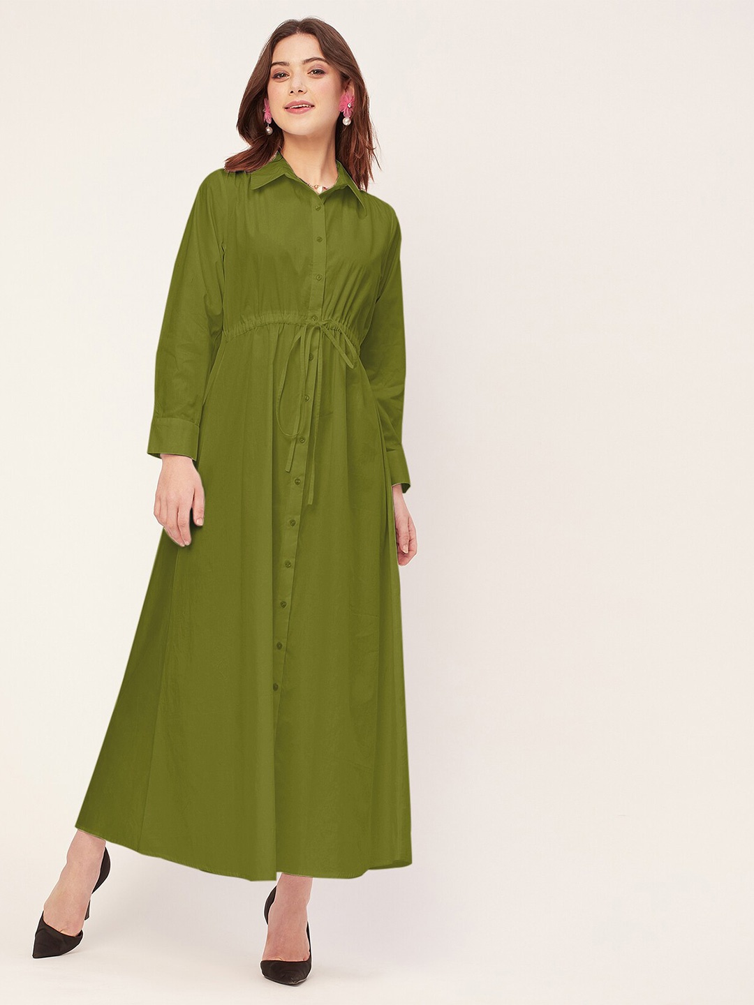 

Moomaya Shirt Collar Long Cuffed Sleeves Flared Maxi Dress, Olive