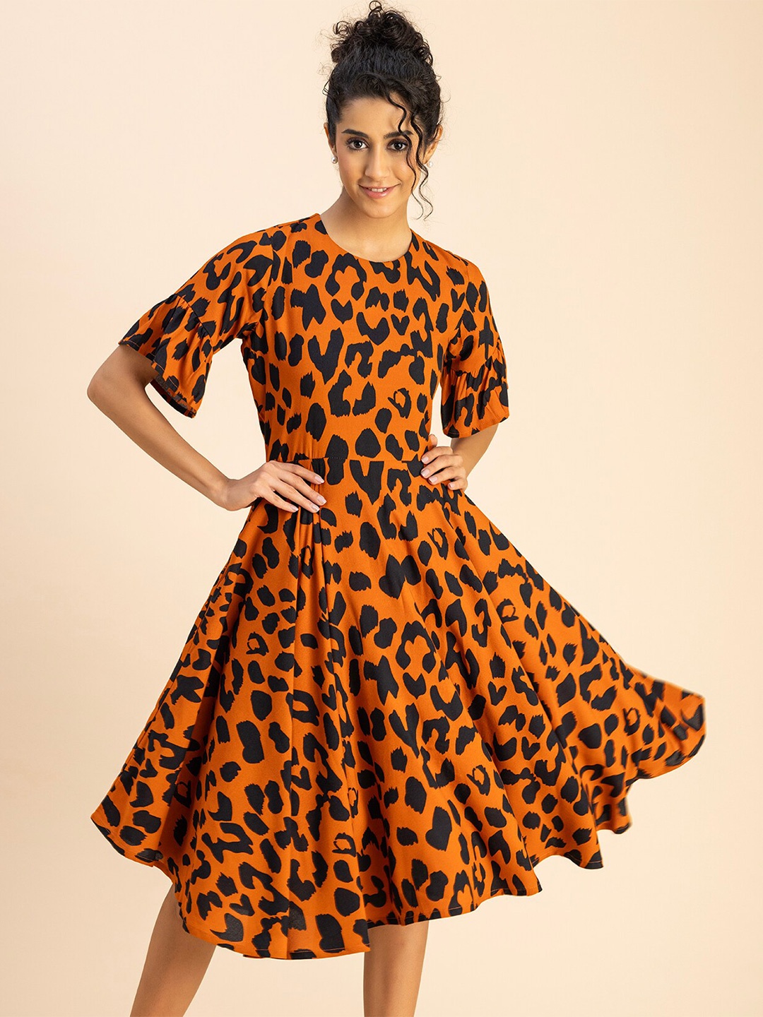 

Moomaya Round Neck Short Sleeves Animal Print Fit & Flare Dress, Orange