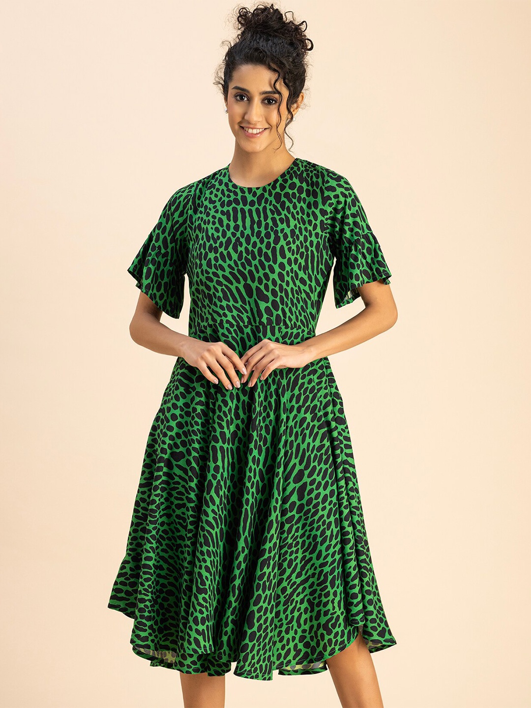 

Moomaya Round Neck Short Sleeves Animal Print Fit & Flare Dress, Green