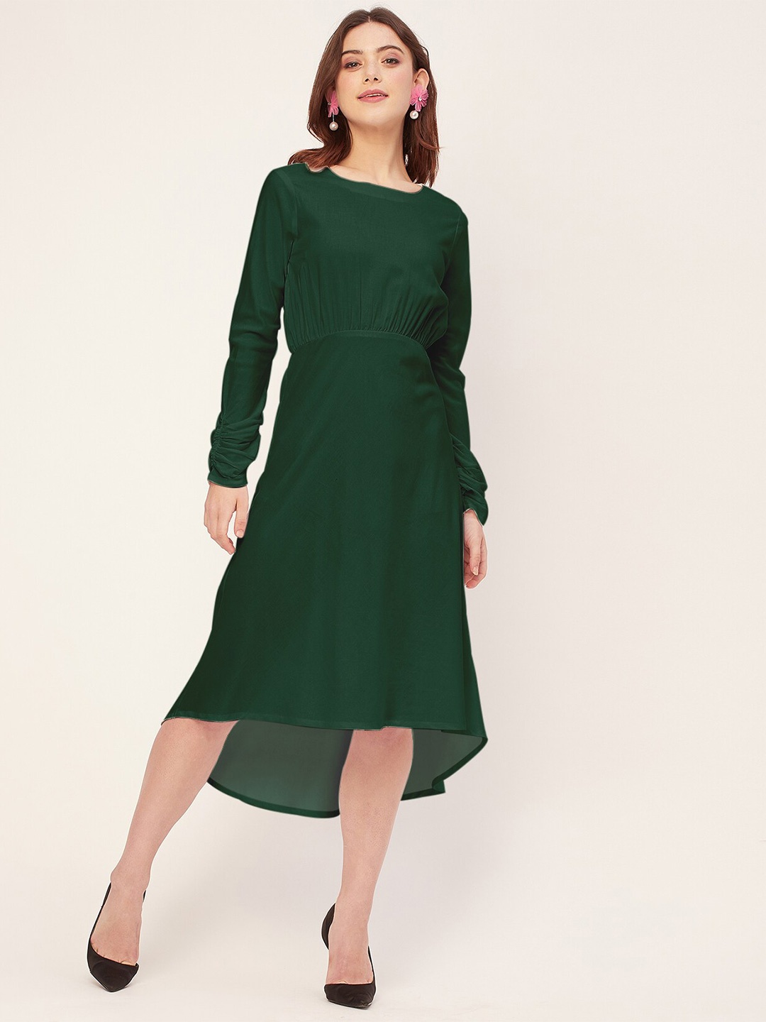 

Moomaya Boat Neck Long Sleeves Viscose Rayon A-Line Midi Dress, Green