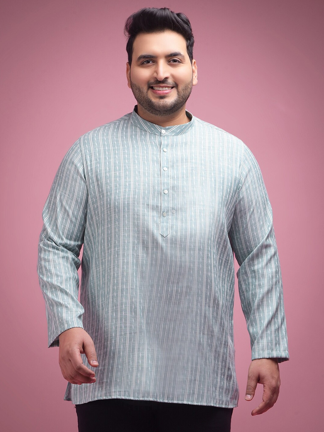 

Sztori Plus Size Striped Band Collar Jacquard Cotton Short Kurta, Green