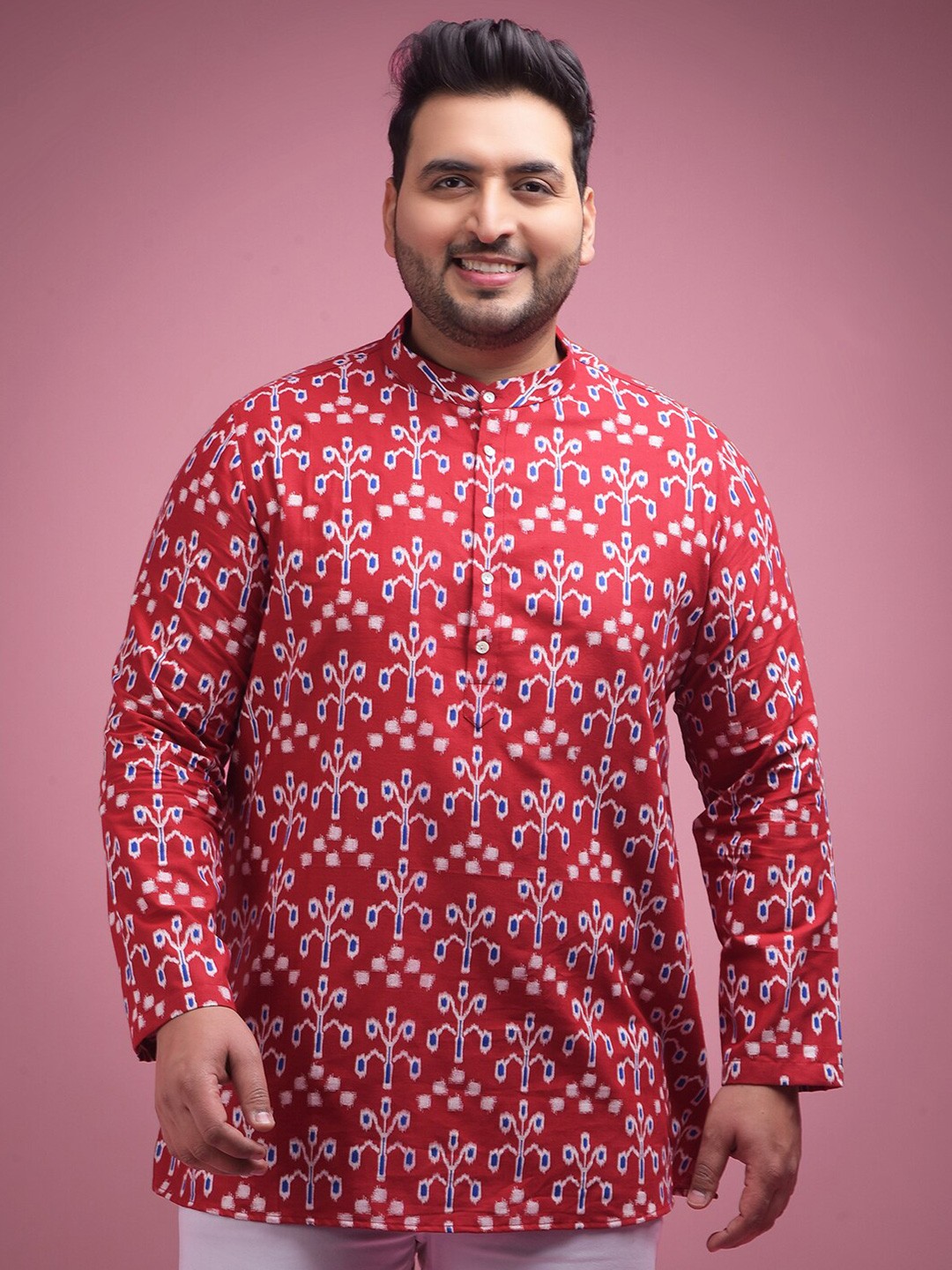 

Sztori Plus Size Ethnic Motifs Printed Jacquard Short Kurta, Red