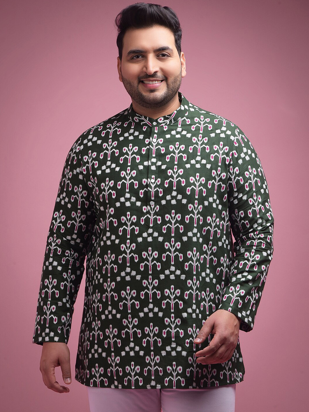 

Sztori Plus Size Floral Woven Design Mandarin Collar Cotton Jacquard Straight Short Kurta, Green