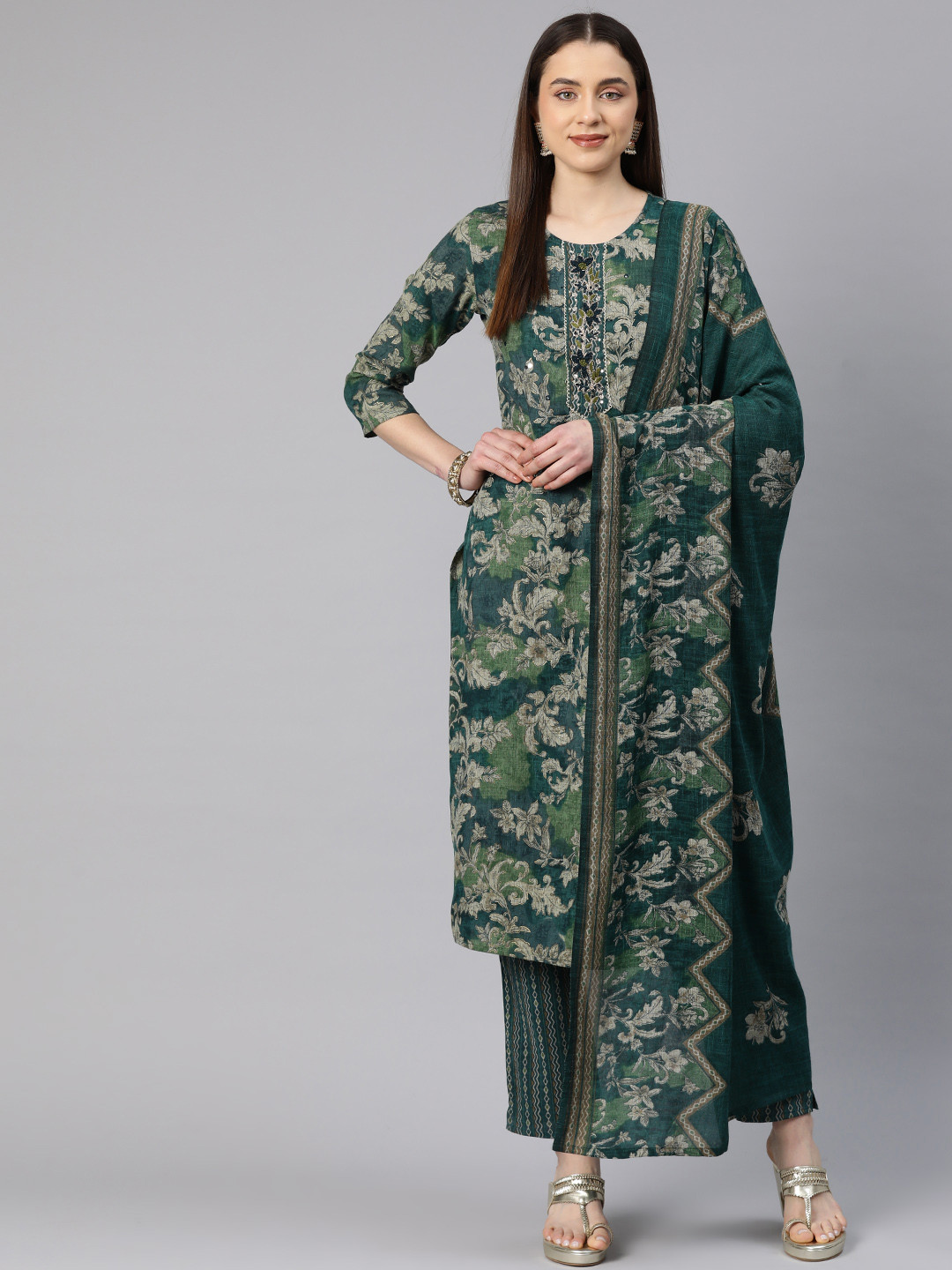

Readiprint Fashions Women Printed Zardozi Pure Cotton Kurta with Palazzos & With Dupatta, Teal