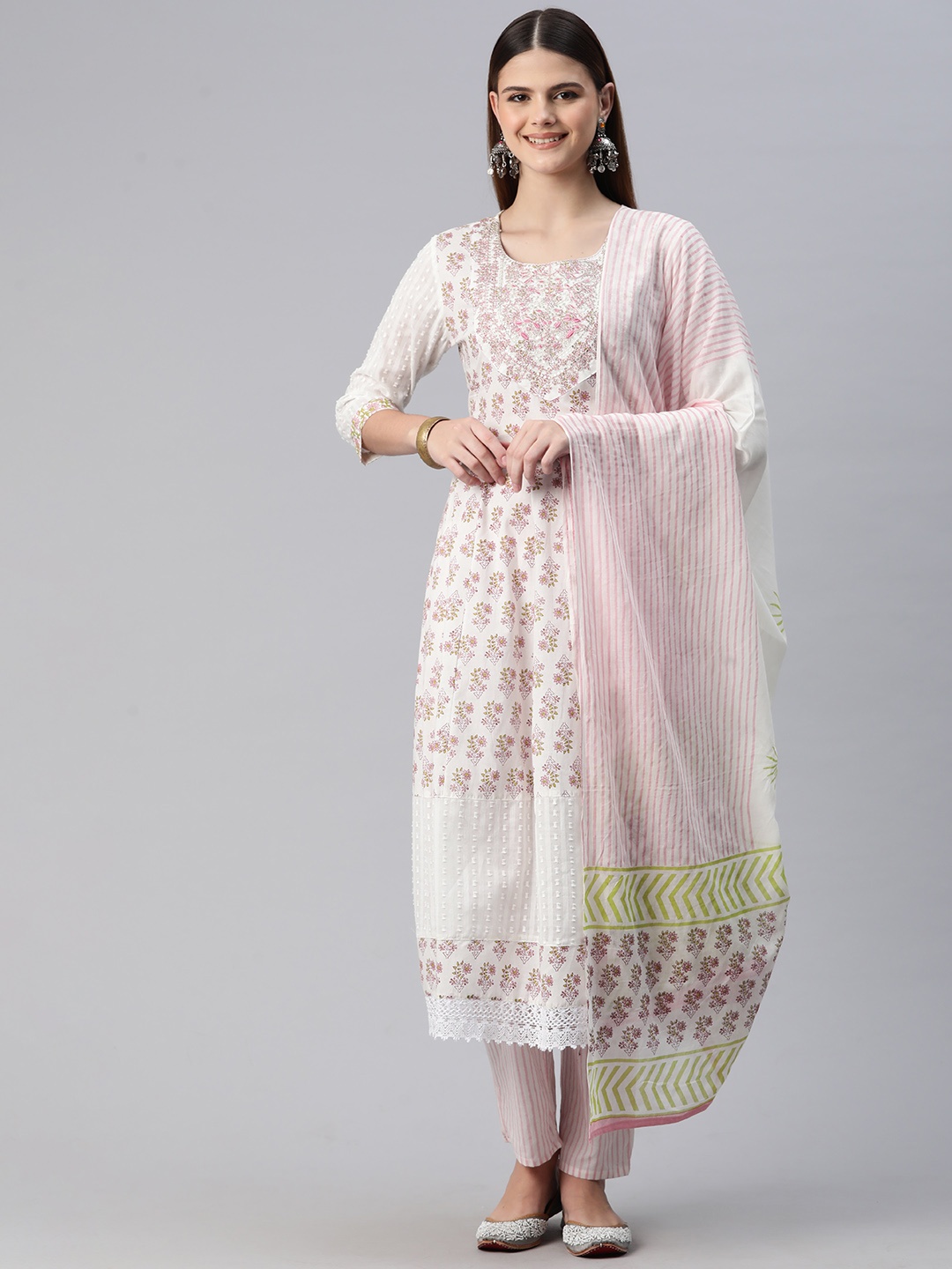 Readiprint Floral Printed Zzari Pure Cotton Kurta with Trousers & Dupatta, White