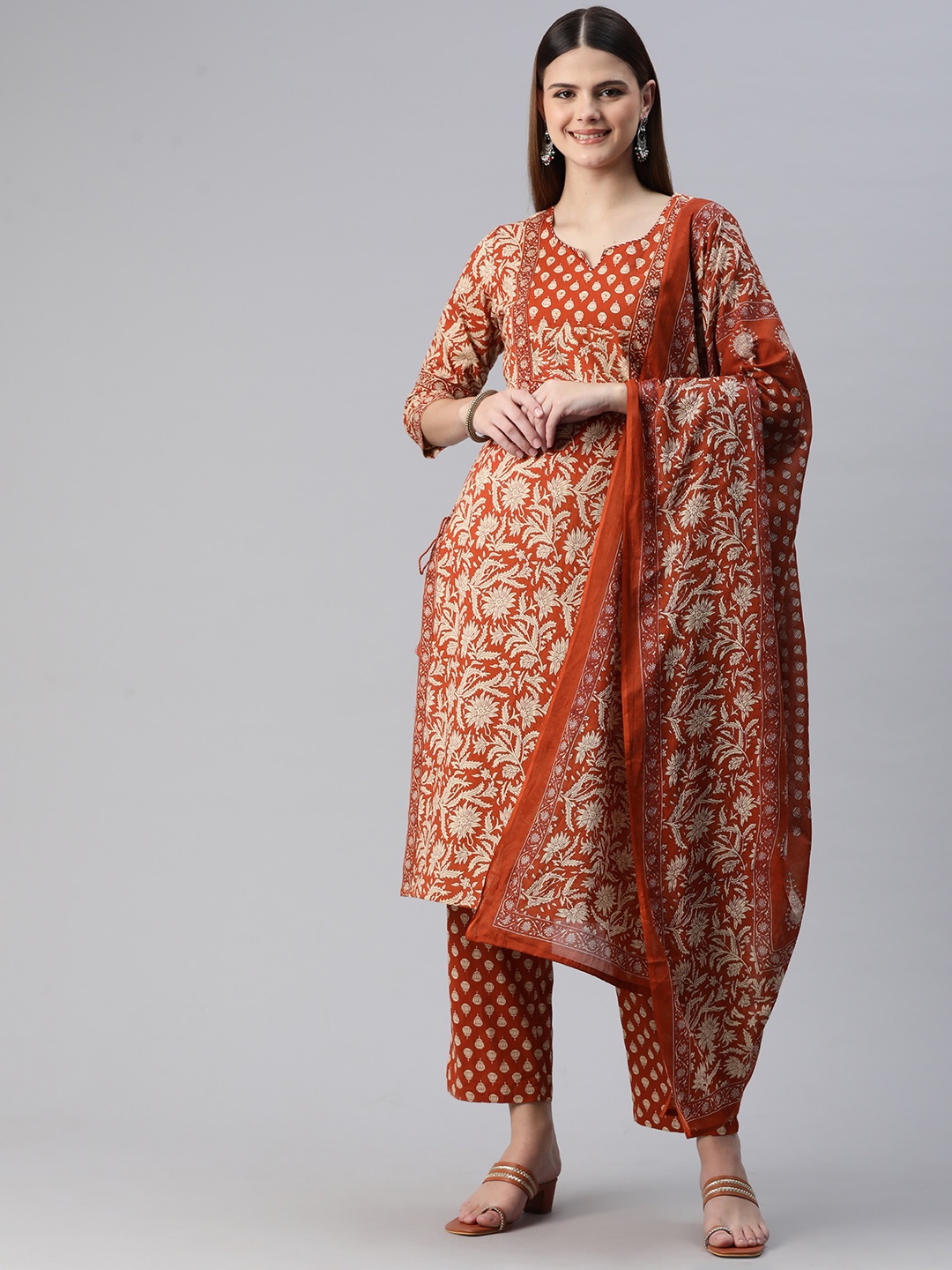 

Readiprint Floral Printed Beads & Stones Pure Cotton Kurta Set, Rust