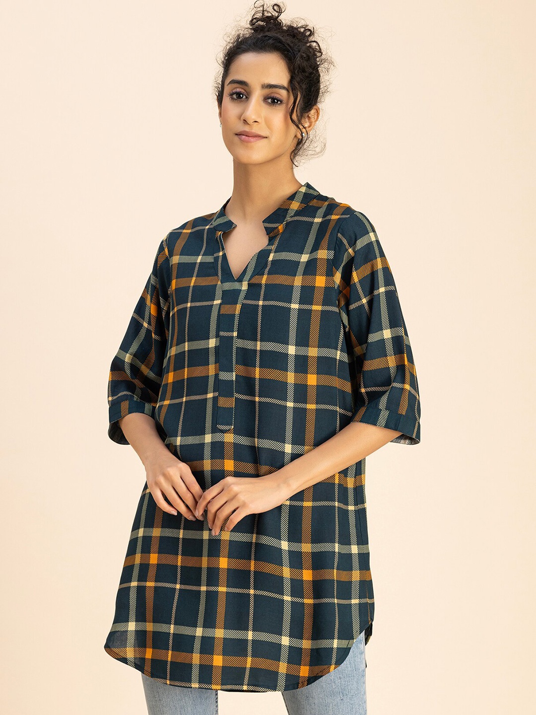 

Moomaya Checked Mandarin Collar Shirt Style Top, Green