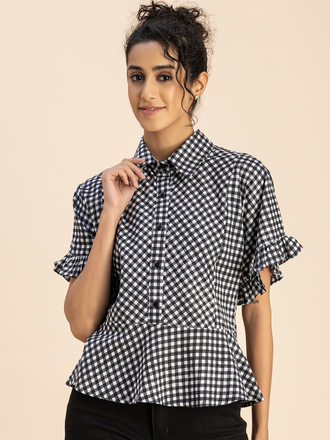 

Moomaya Checked Shirt Collar Bell Sleeves Cotton Peplum Top, Black