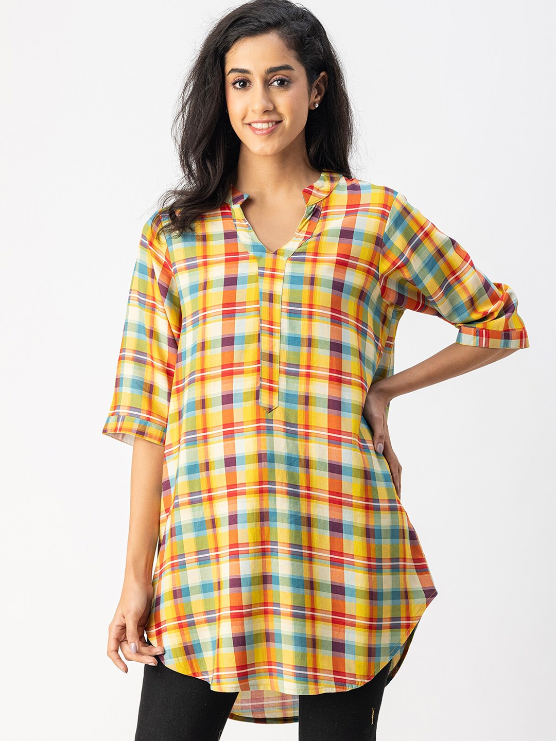 

Moomaya Checked Mandarin Collar Shirt Style Top, Yellow