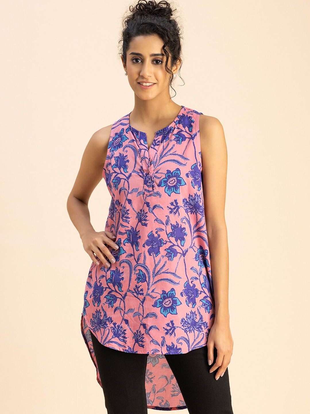 

Moomaya Floral Print Sleeveless Cotton Cambric High-Low Top, Peach