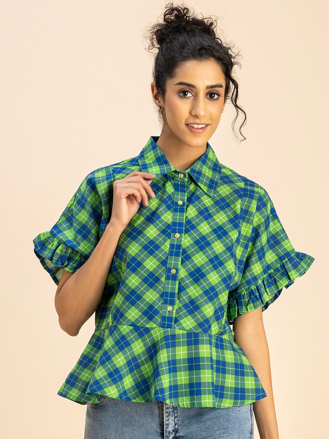 

Moomaya Checked Extended Sleeves Cotton Shirt Style Top, Green