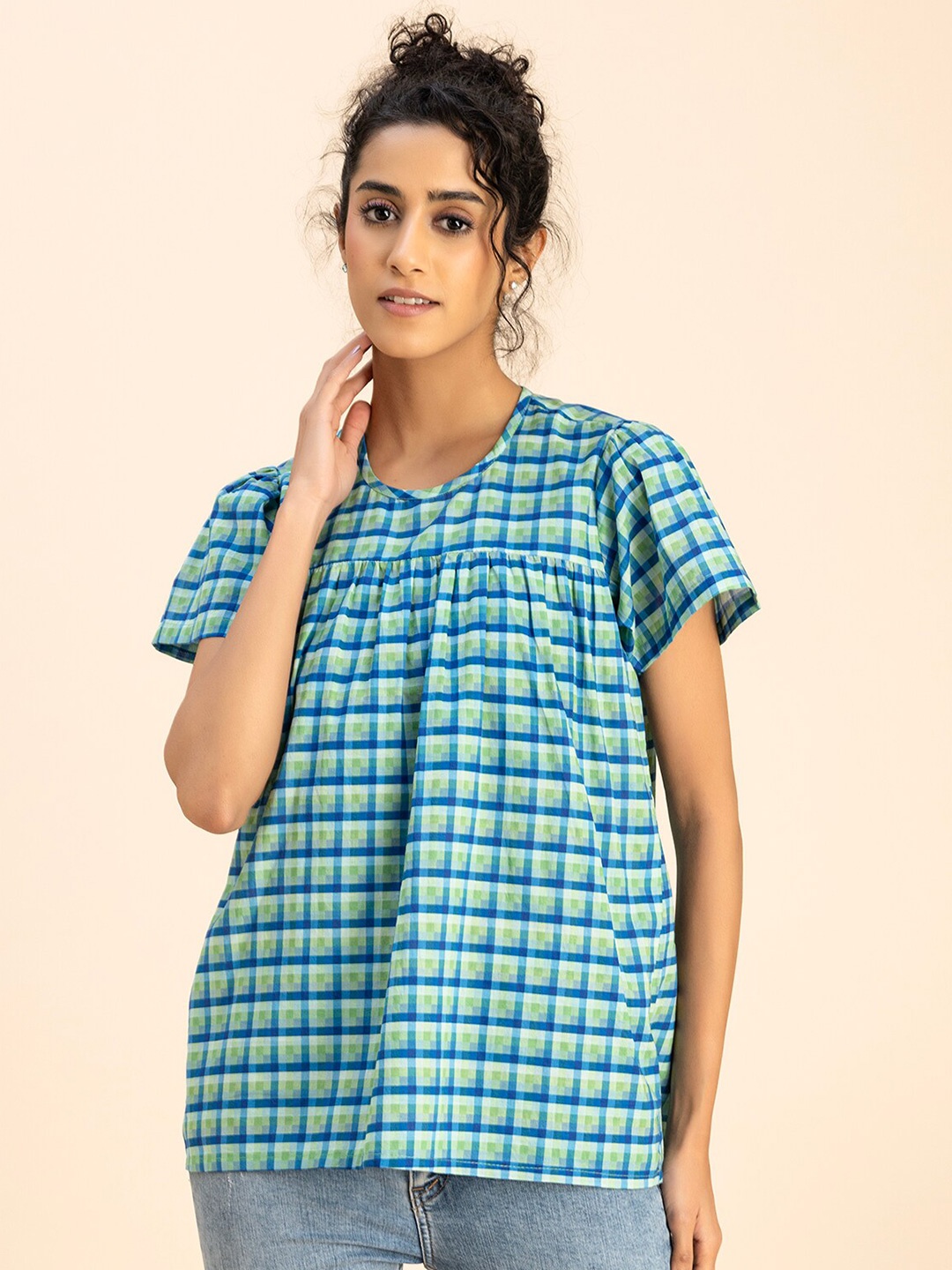 

Moomaya Checked Cotton Shirt Style Top, Blue