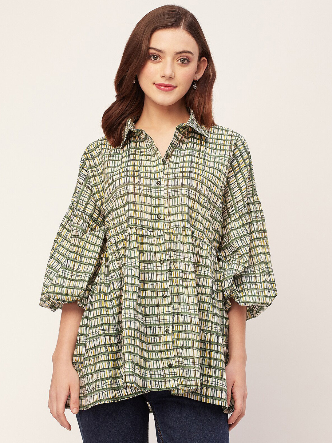 

Moomaya Checked Printed Cotton Shirt Style Top, Green