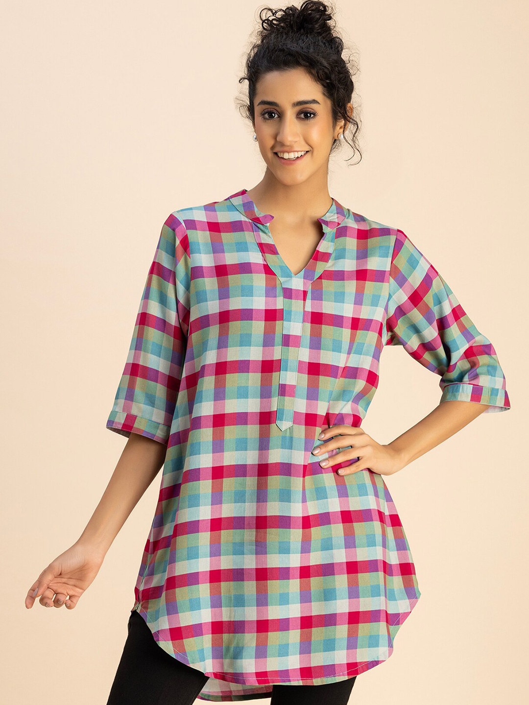

Moomaya Checked Mandarin Collar Shirt Style Top, Pink
