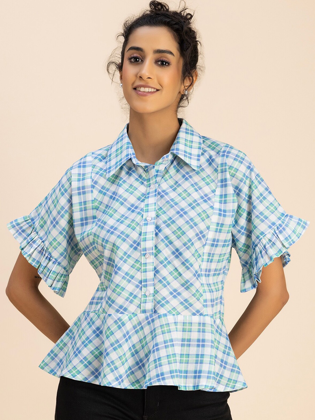 

Moomaya Checked Cotton Shirt Style Top, Blue