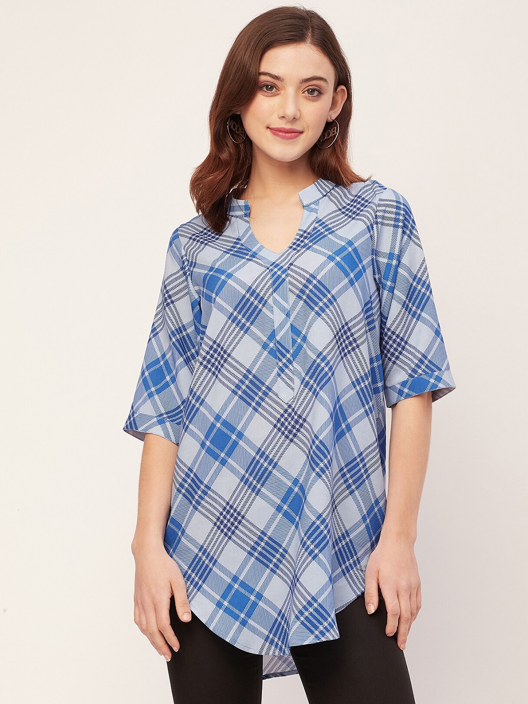 

Moomaya Checked Mandarin Collar Top, Blue