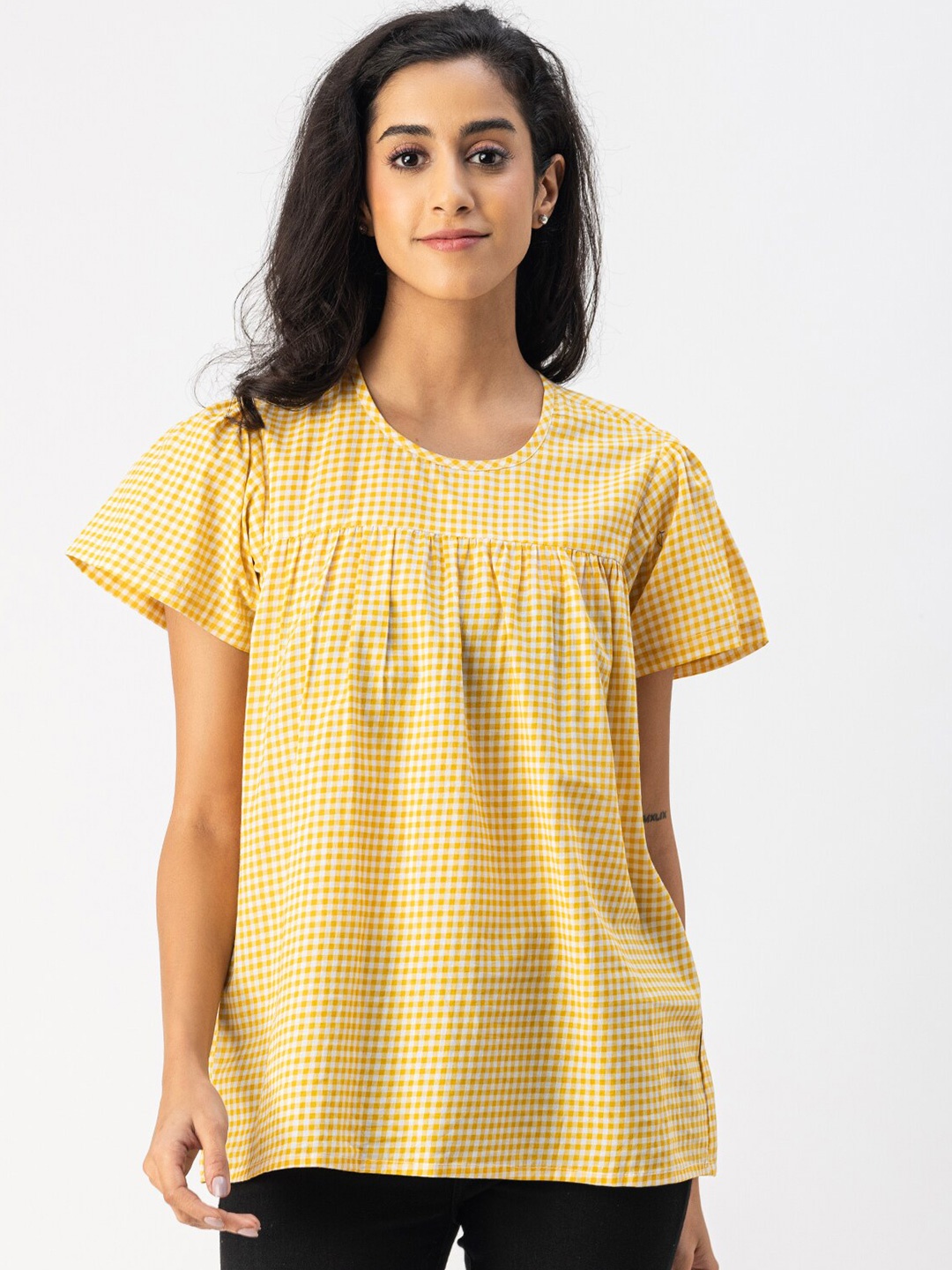 

Moomaya Checked Cotton A-Line Top, Yellow