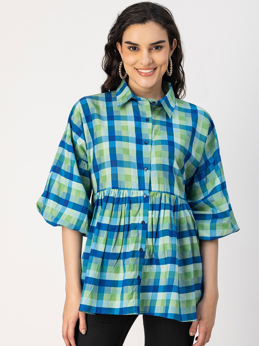 

Moomaya Checked Cotton Shirt Style Longline Top, Blue