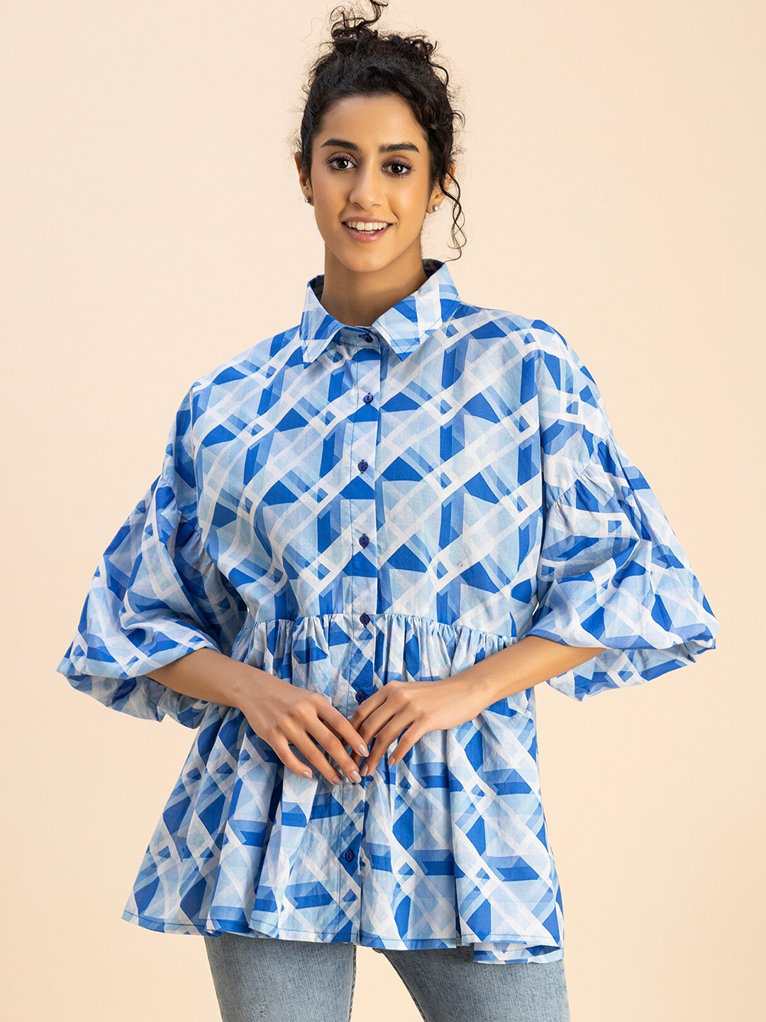 

Moomaya Geometric Printed Puff Sleeve Cotton Shirt Style Top, Blue