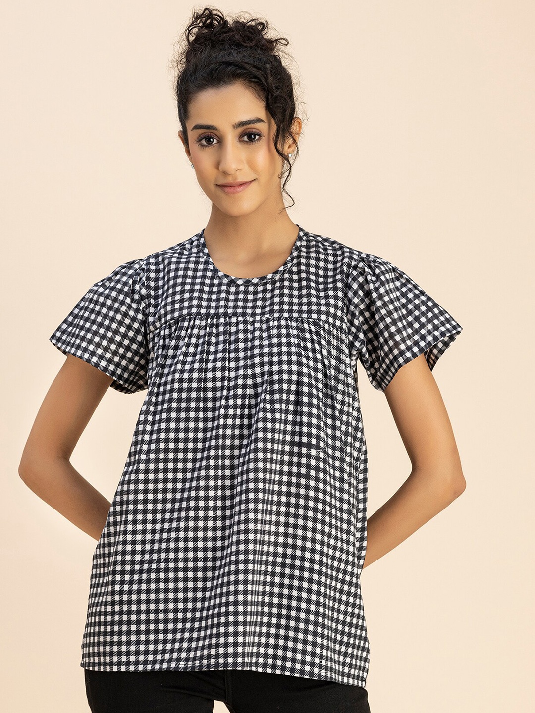 

Moomaya Checked Round Neck Cotton Top, Black