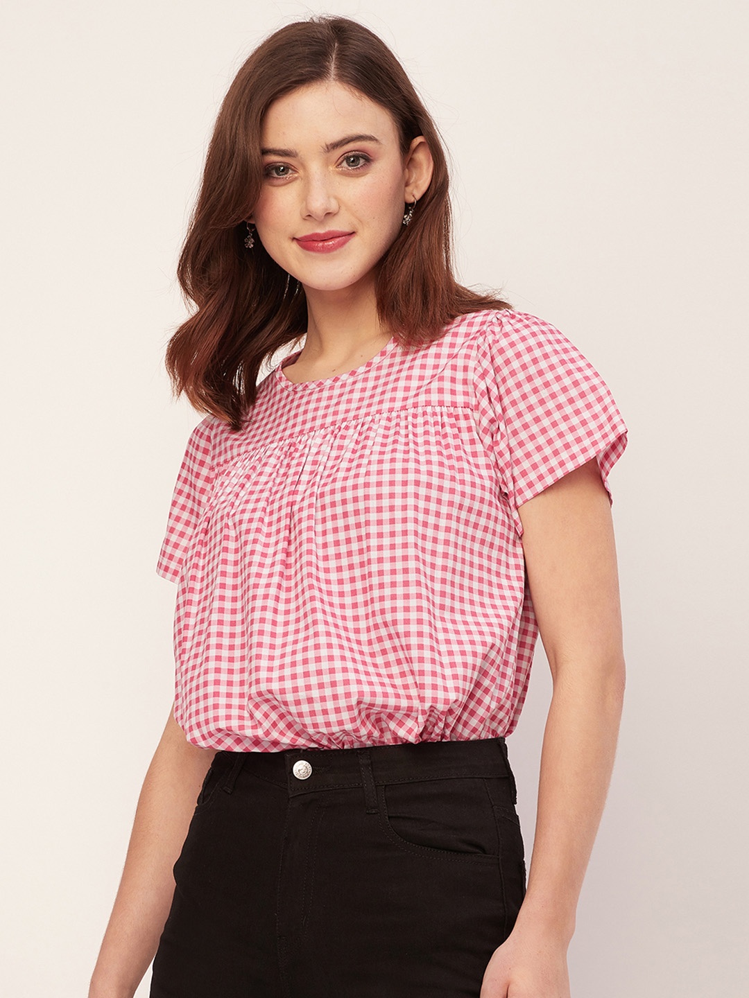 

Moomaya Checked Cotton Round Neck Short Sleeves Opaque Casual Top, Pink