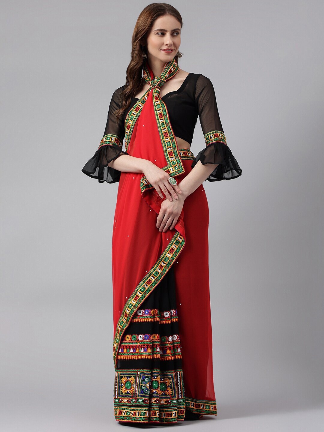

Mitera Red & Black Ethnic Motifs Kutchi Embroidered Pure Georgette Saree