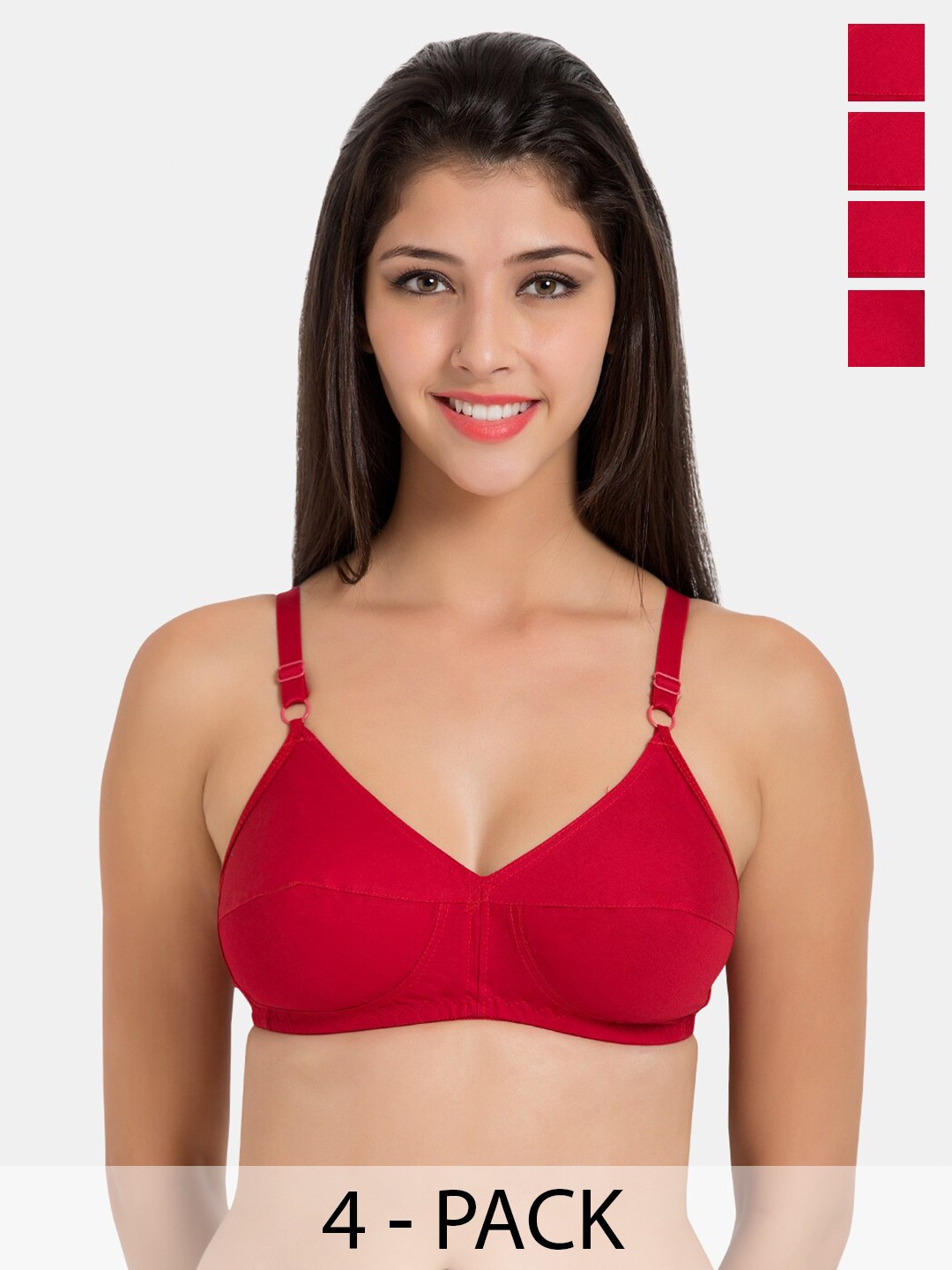 

Souminie Pack Of 4 Non-Padded Seamed Pure Cotton Minimizer Bras With All Day Comfort, Red