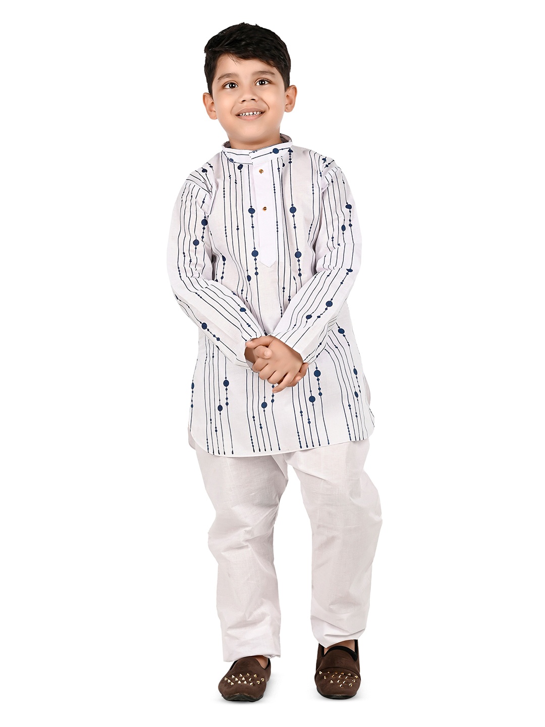 

BAESD Boys Striped Printed Mandarin Collar Regular Pure Cotton Kurta with Trousers, Blue