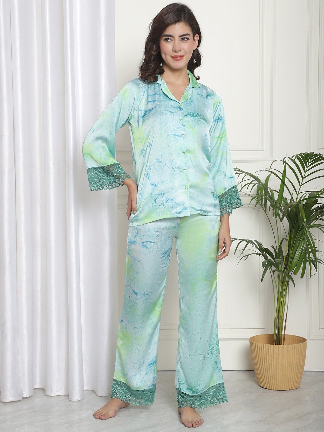 

Claura Green Abstract Tie & Dye Lace Insert Silk Night Suit, Sea green