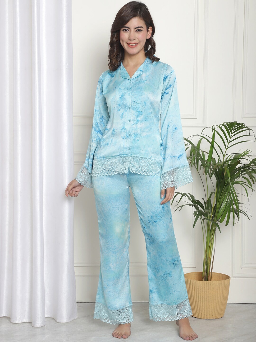 

Claura Tie and Dye Satin Night suit, Turquoise blue