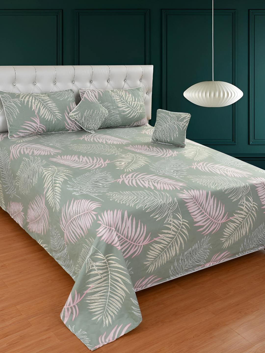 

BREVARD Green Pink Tropical Printed Superfine Double Queen Bedding Set