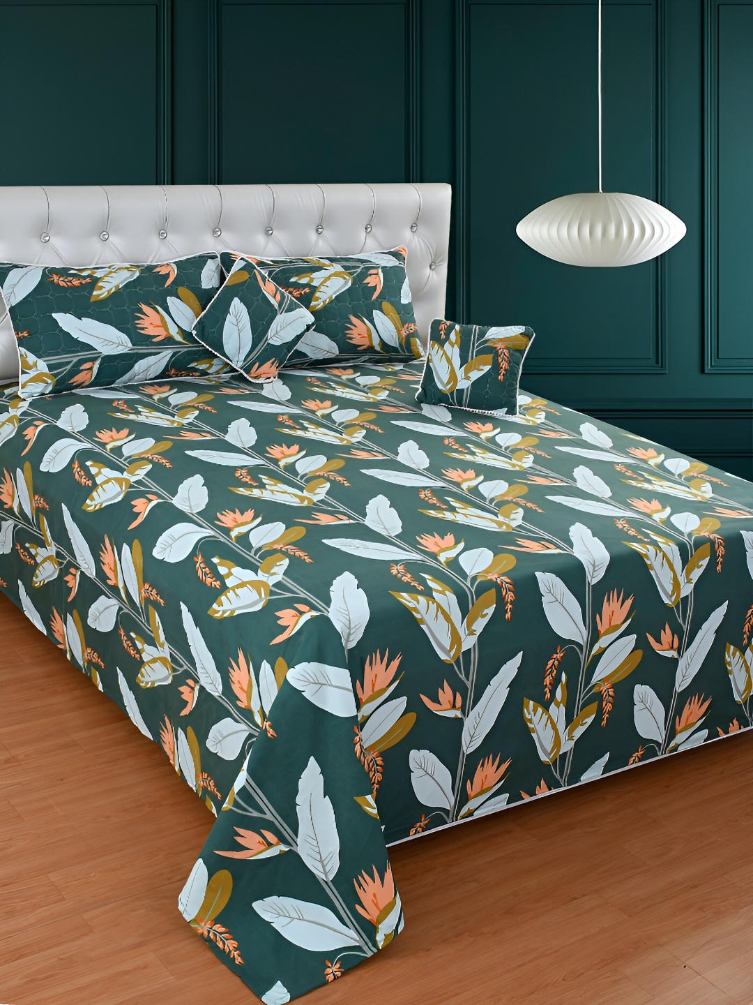 

BREVARD Green White Floral Superfine Double Queen Bedding Set